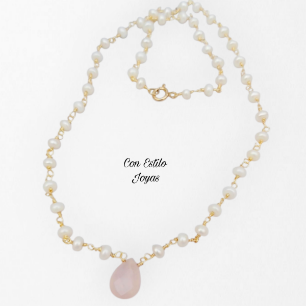 Collar perlas de río cuarzo rosa