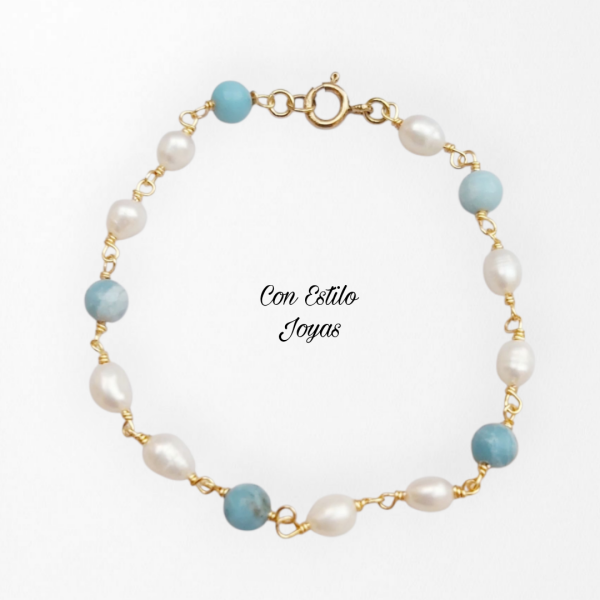 Pulsera perlas de río y larimar