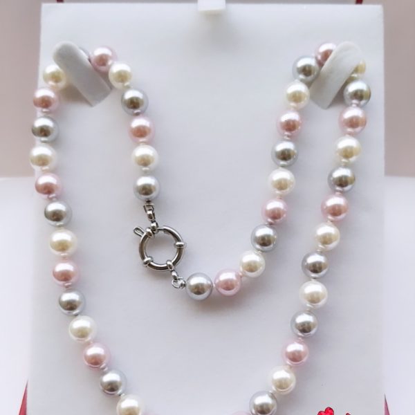 Collar Perlas de  Mallorca rosa, gris blanco