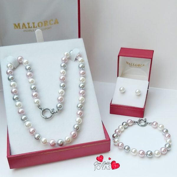 Conjunto Perlas de Mallorca rosa, gris, blanco